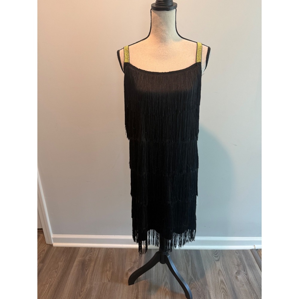 L'VOW Women Black Tiered Fringe Flapper Dress Gold Glitter Straps size XL 1920s
